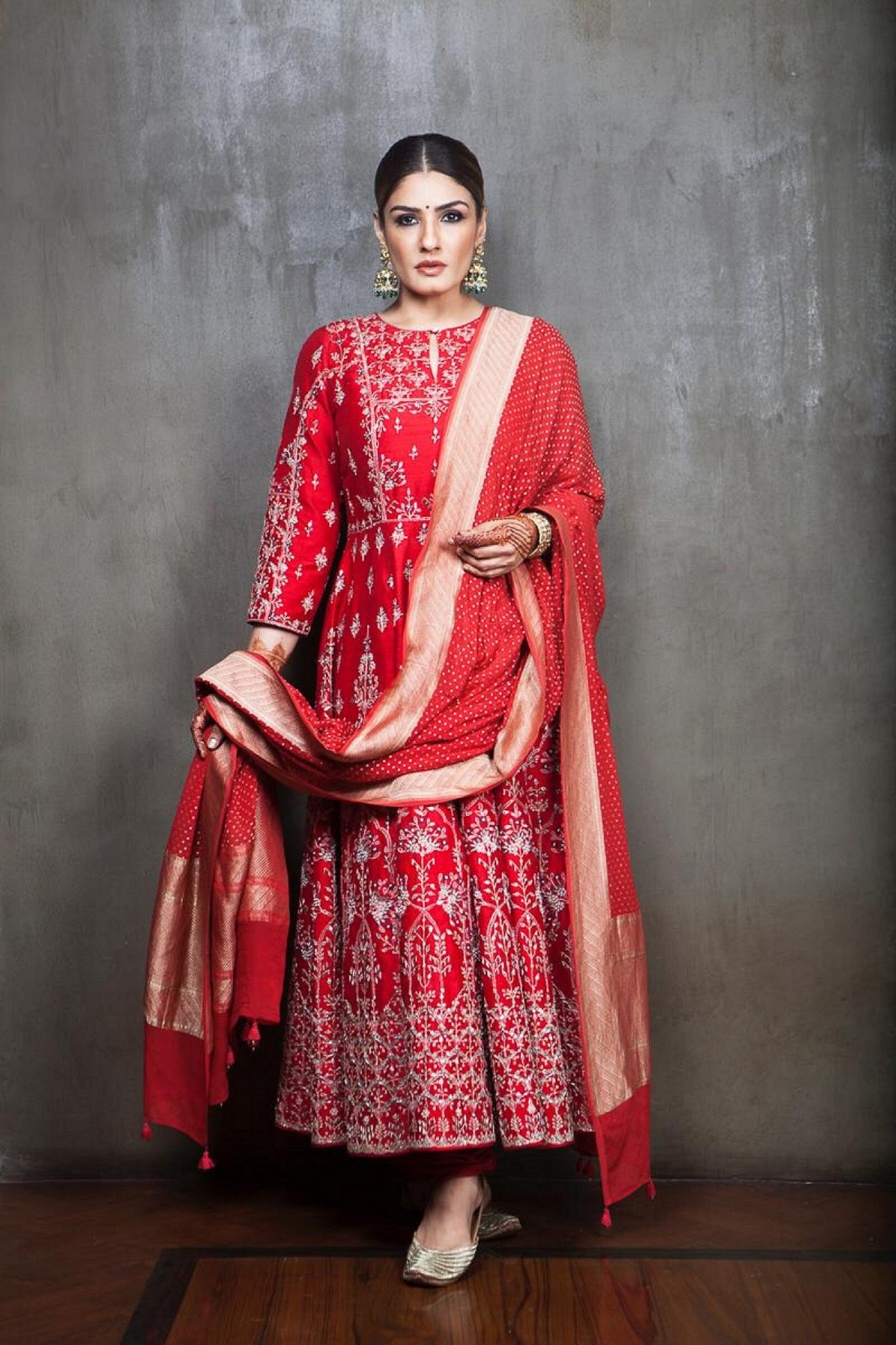 Raveena Tandon in Anita Dongre's Red Anarkali Suit