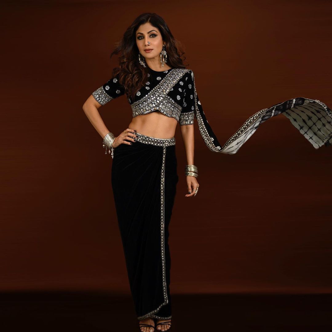 Shilpa Shetty in Black Velvet Saree Crop Top & Dhoti Skirt