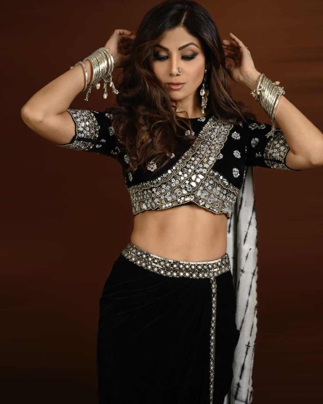 Shilpa Shetty in Black Velvet Saree Crop Top & Dhoti Skirt