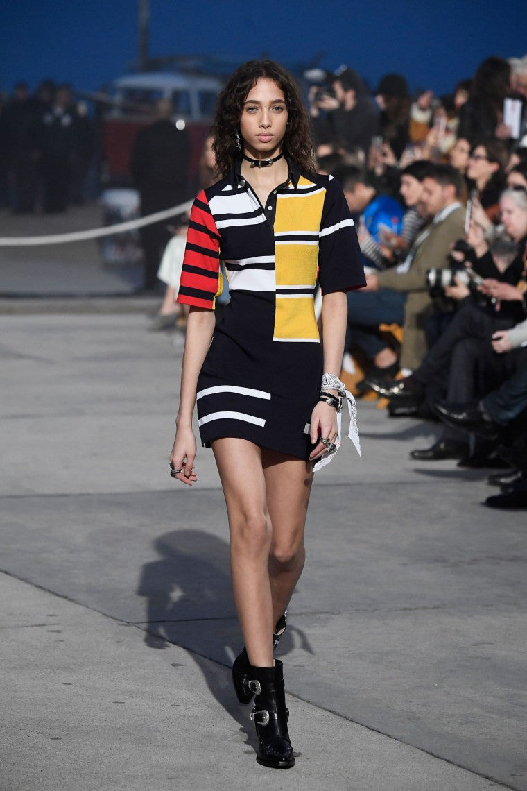 Shraddha Kapoor in a striped and color block dress by Gigi Hadid x Tommy Hilfiger dress from their Fall 2017 collection