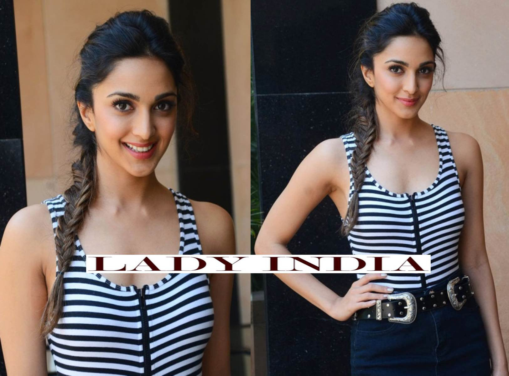 Kiara Advani in striped tank top featuring a front zipper and a threaded navy blue skirt