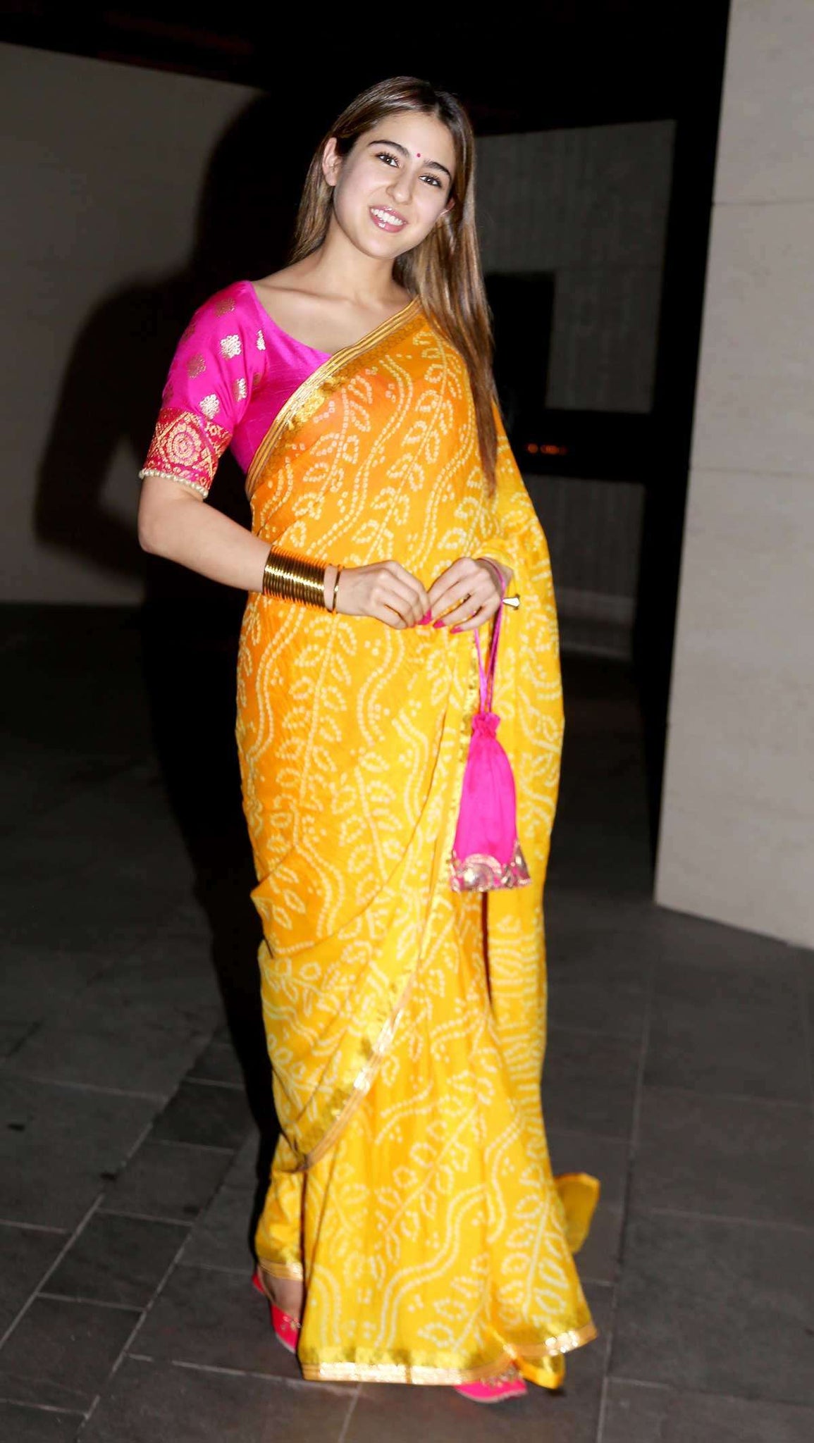 Sara Ali Khan In Bandhani Printed Yellow Saree Bandhani