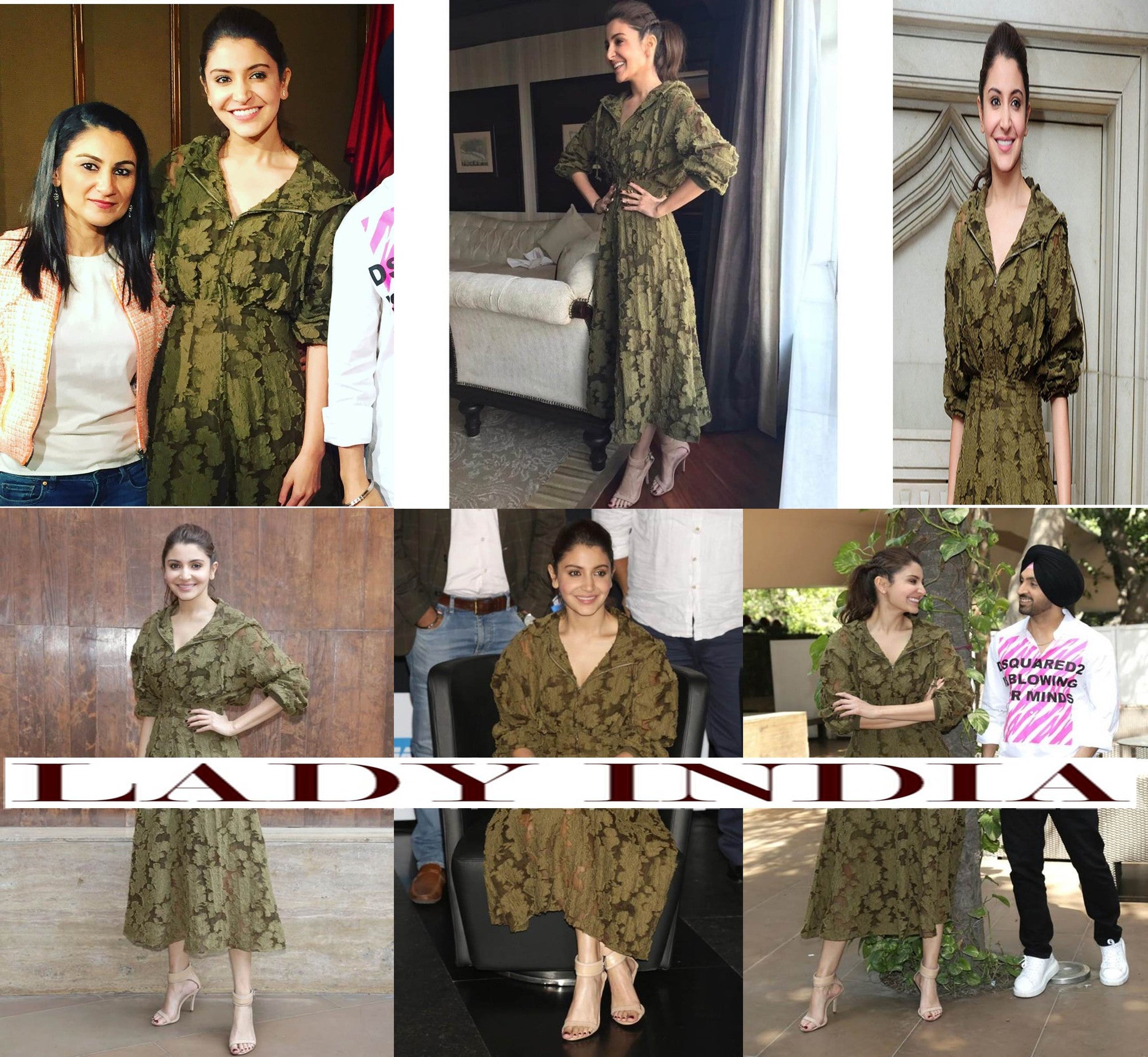 Anushka Sharma in Rosie Assoulin‘s Resort 2017 collection's Olive Green Midi Dress Western Wear At Her upcoming Movie Phillauri pROMOTION
