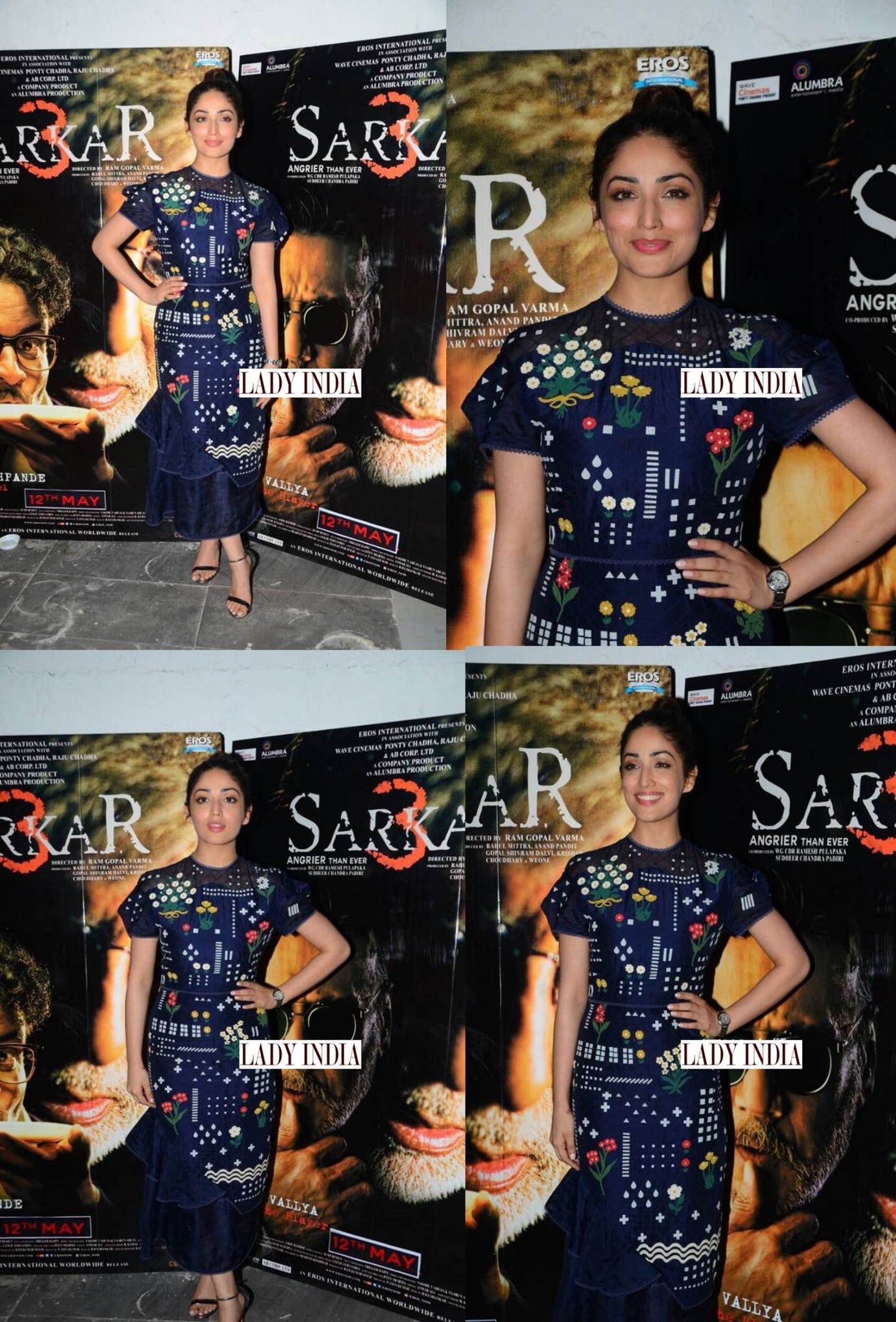Yami Gautam looked pretty in Sahil kochar's Designer Printed Blue Hem Midi Dress at Sarkar3 Promotional Event 