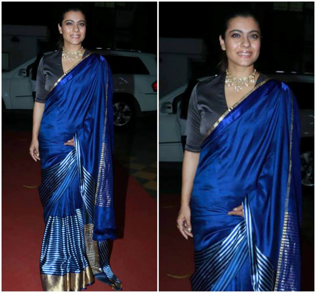 Kajol in Blue Striped Saree By Raw Mango