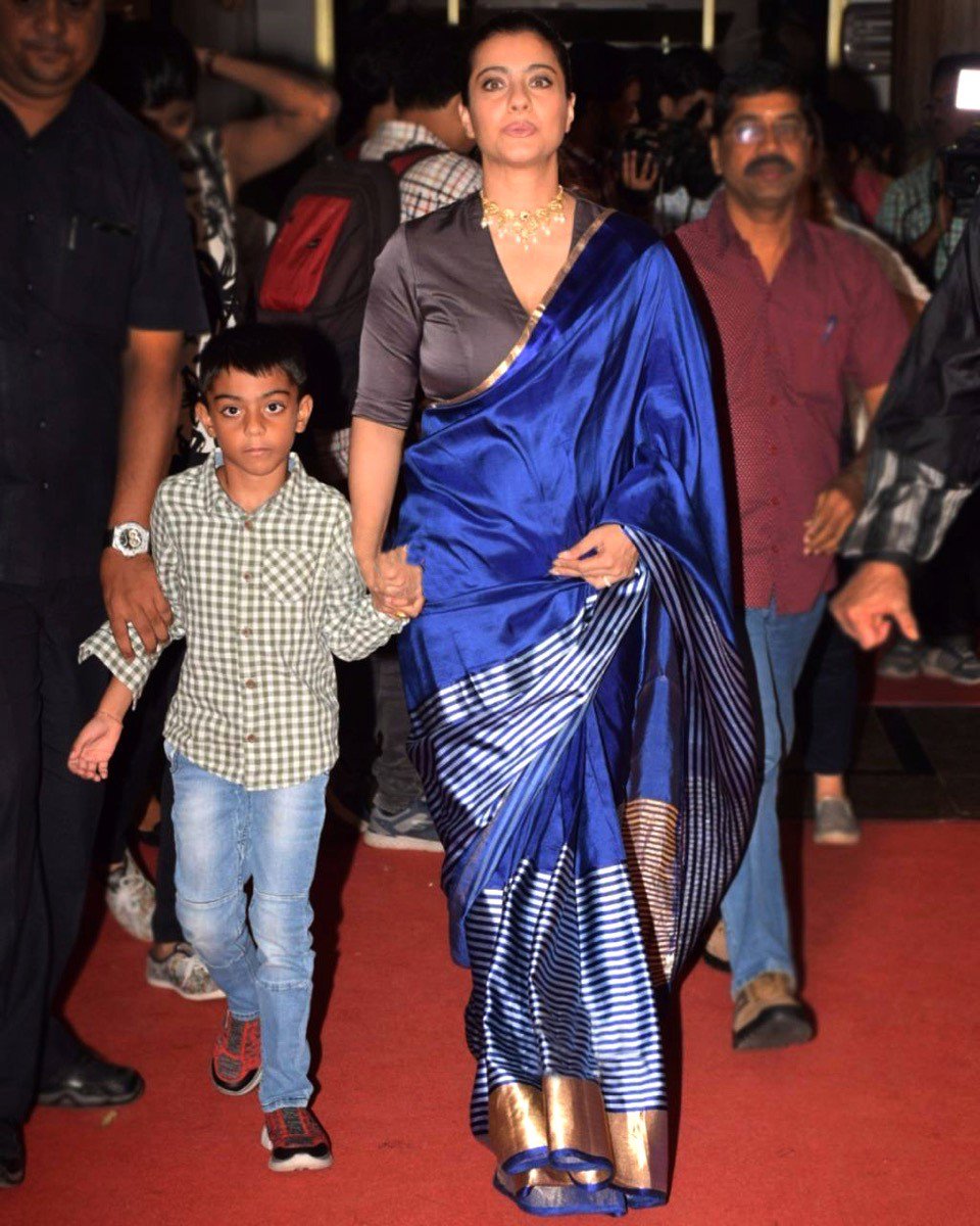 Kajol in Blue Striped Saree By Raw Mango