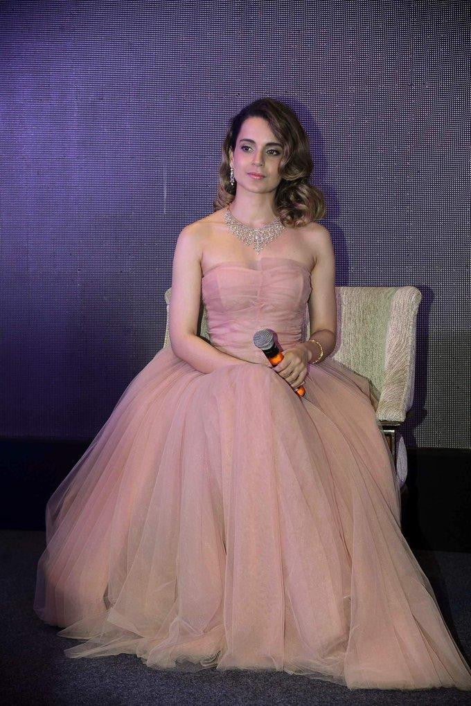 Kangana Ranaut Looks Like A pretty Doll In pink net gown dress at Rangoon Movie Promotion