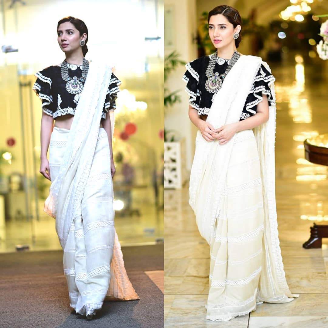 Mahira-Khan-in-white-saree-with-ruffled-black-crop-top 