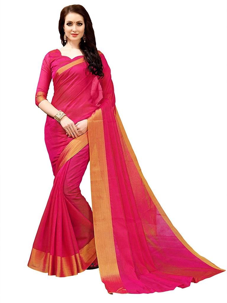 Grand Pink Silk Saree with Golden Border is a wedding essential. You can choose a rich woven design Pink Silk Saree with Golden Border. This version comes with a pink blouse piece.