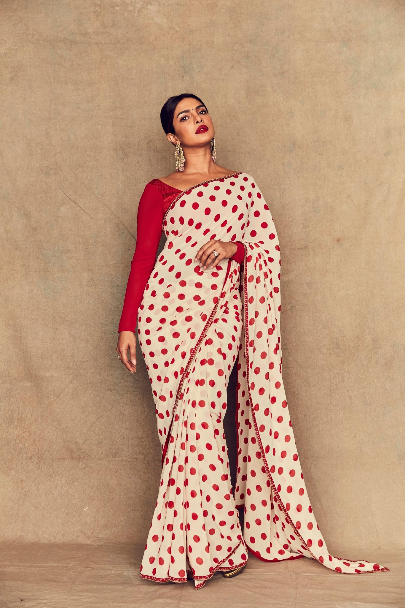 Priyanka Chopra in Polka Dot Printed Red & White Saree