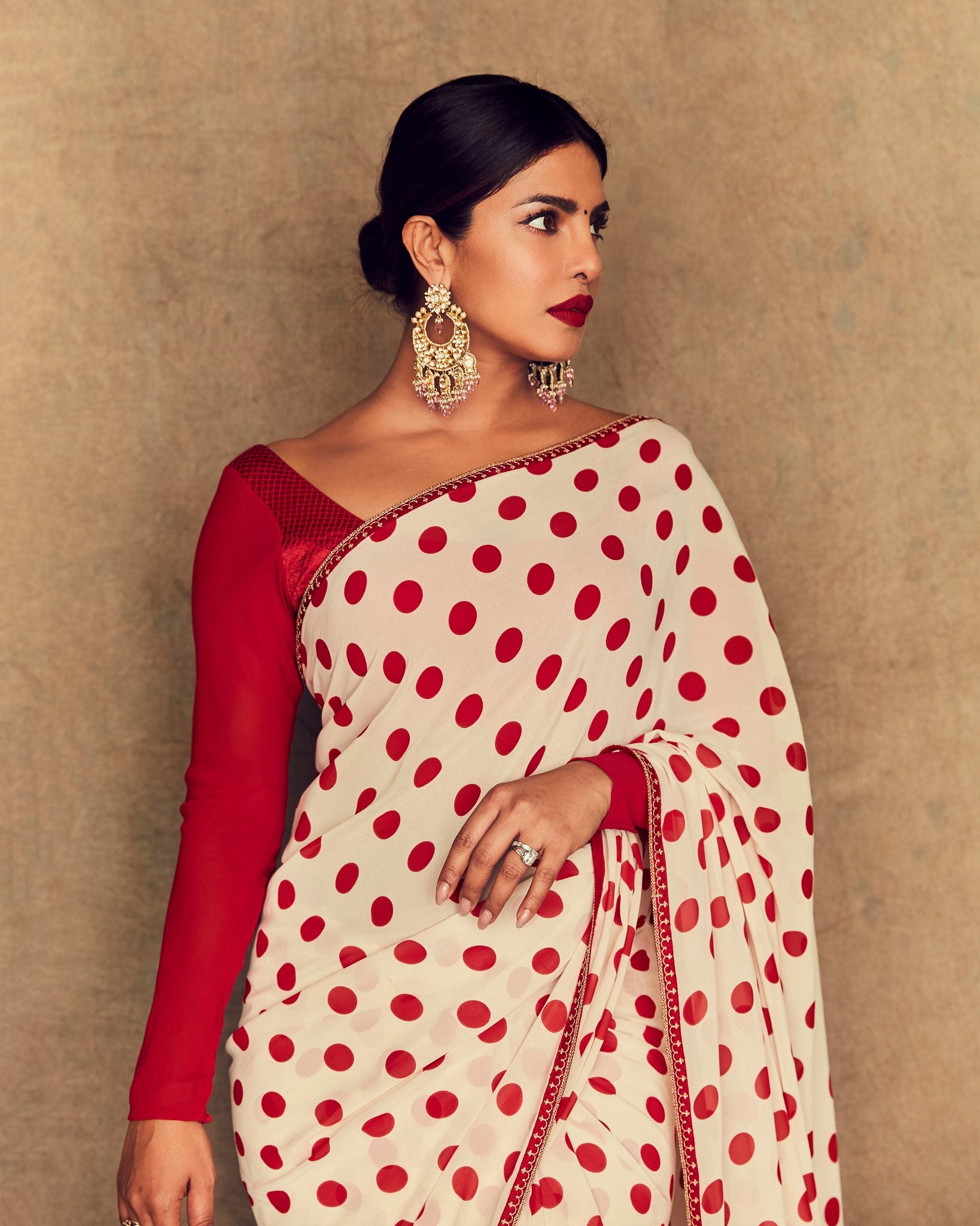 Priyanka Chopra in Polka Dot Printed Red & White Saree