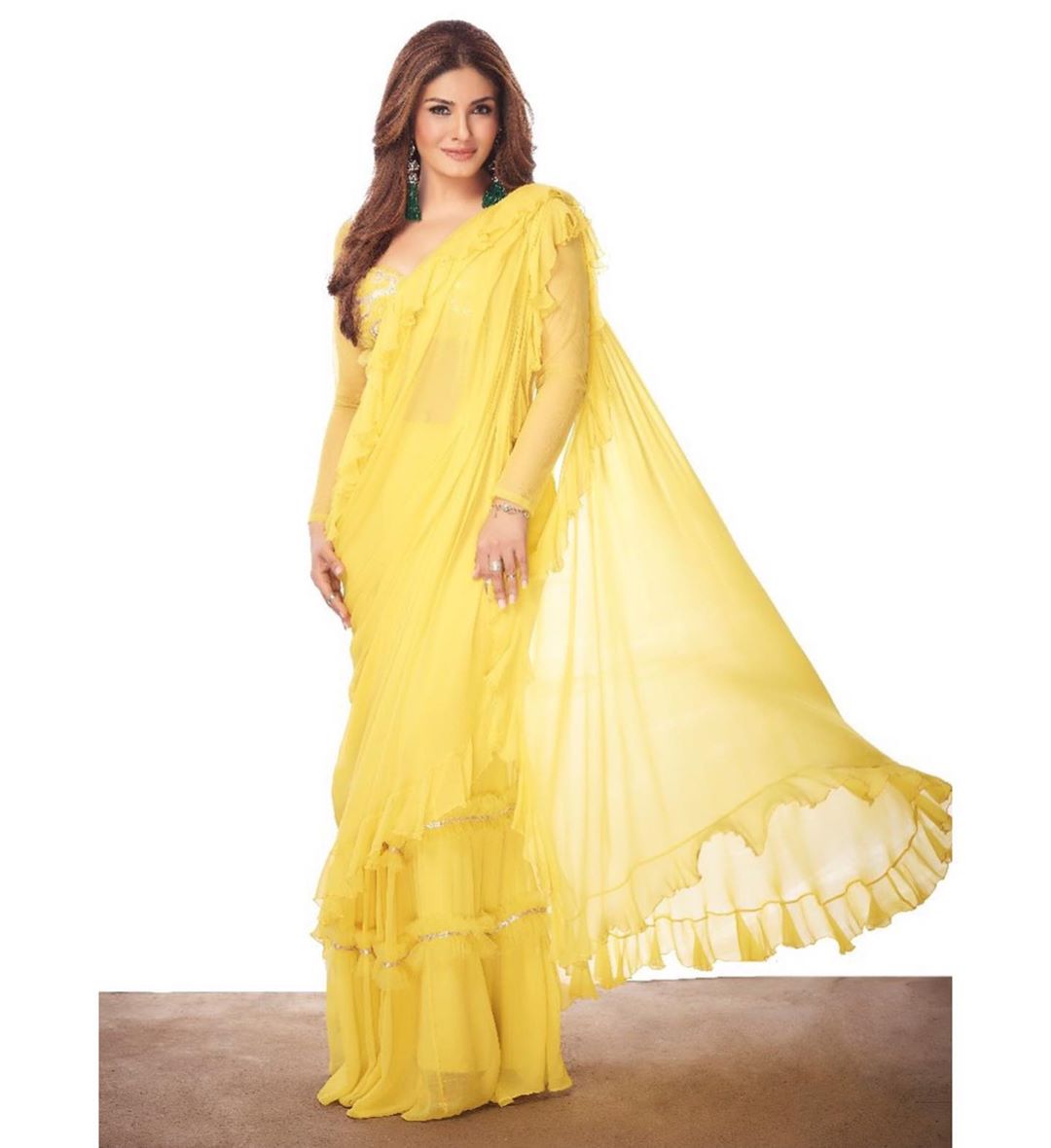 1080px x 1180px - Raveena Tandon in Yellow Plain Ruffle Saree | Buy Ruffle Sarees online in  India | Ruffle sarees | Ladyindia â€“ Lady India