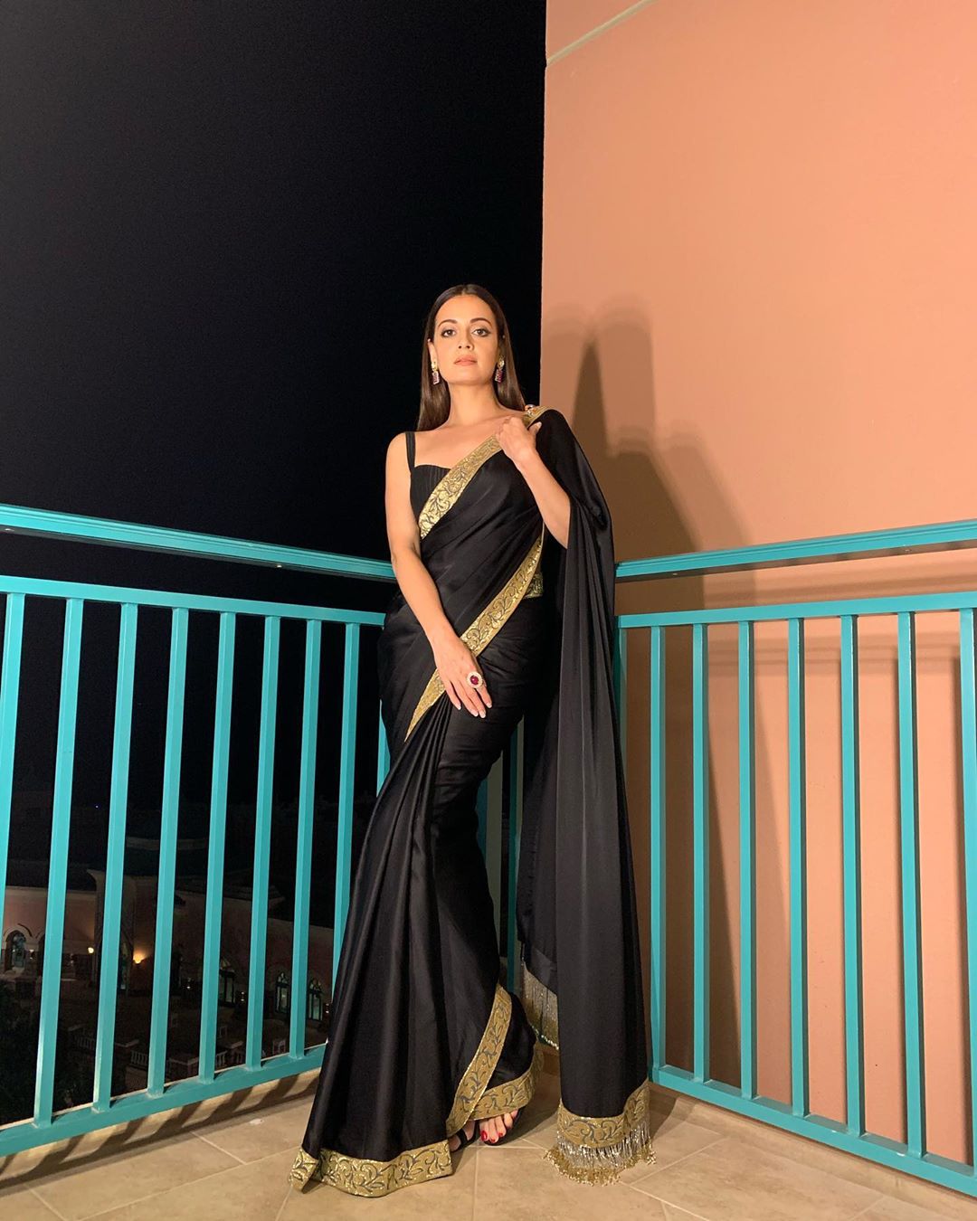 Dia Mirza in Satin Black Saree with Golden Border