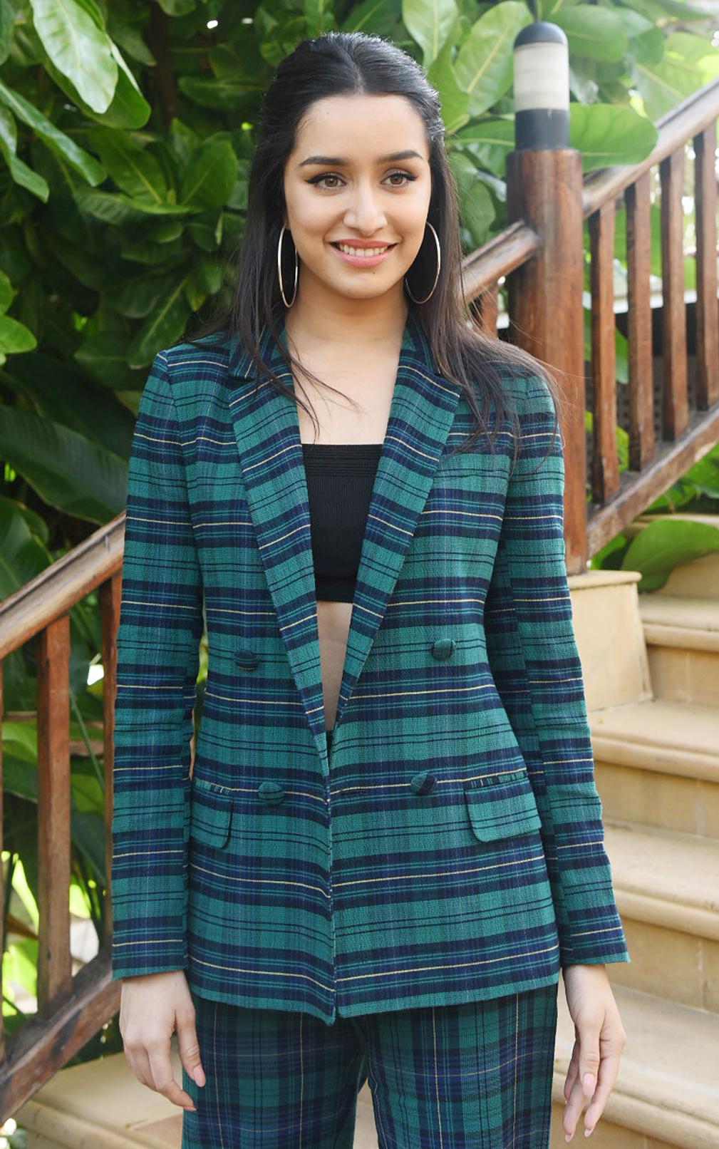 Shraddha-Kapoor-in-green-check-print-coat-pant-suit