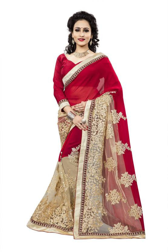 Buy Online Designer Embroidered Red Cream Half N Half Self Design Georgette Net Lady India