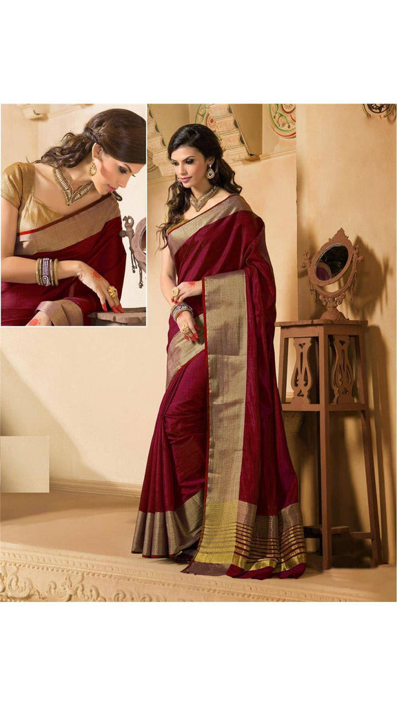 Online Shopping Art Silk Sarees Maroon Color Palin Broad Border Cotton Saree Lady India