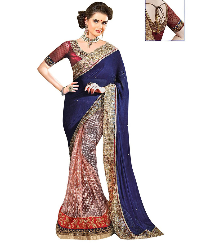 Shop Online Women S Blue And Peach Crushed Georgette And Net Embroidered Half And Lady India