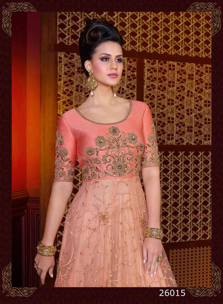 Shop Now Peach Bridal Anarkali Suits With Zari Embroidery And Sequence