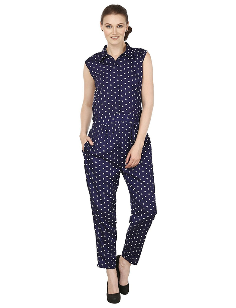 navy blue and white polka dot jumpsuit