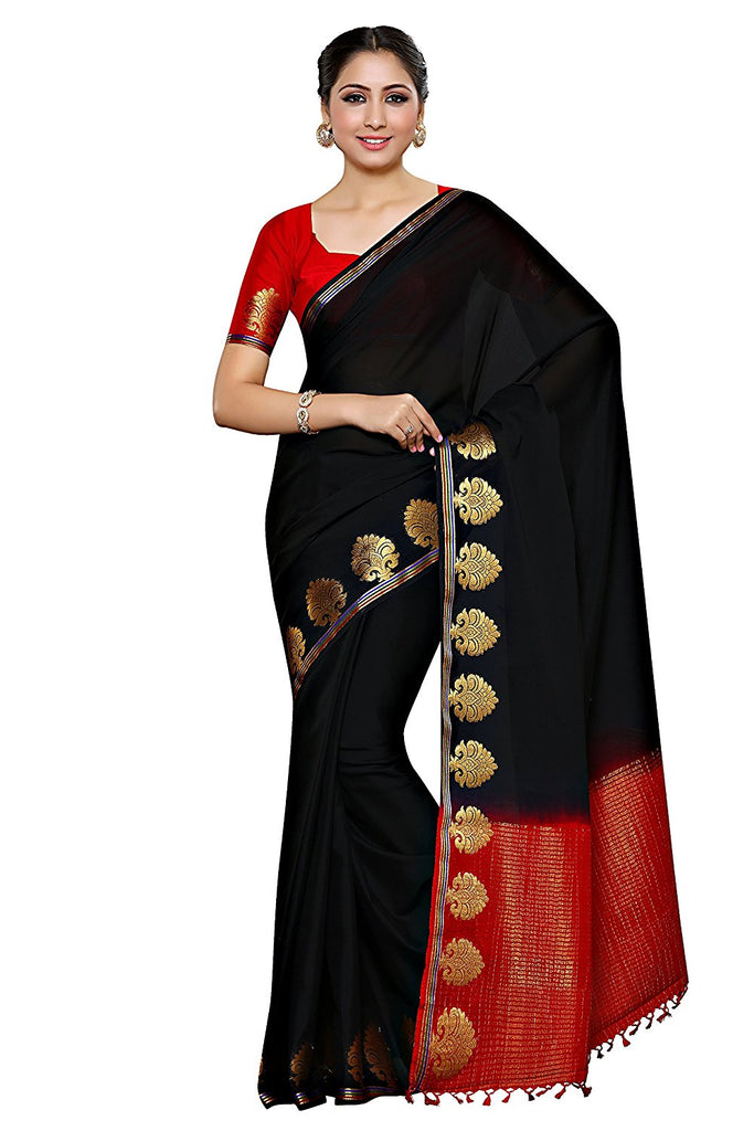 Plain Black Saree With Golden Border - Lady India
