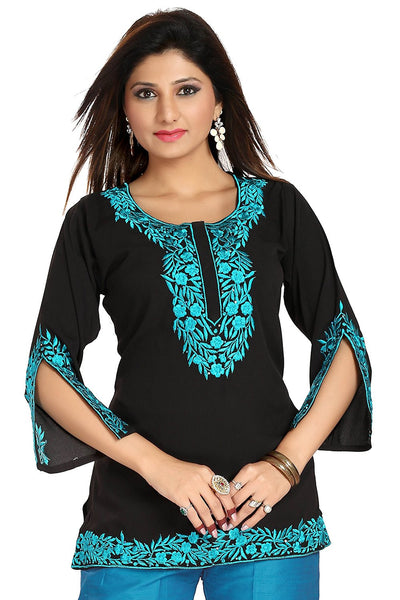 Designer Black-Blue Embroidered Women Short Kurti Resham Work Floral ...