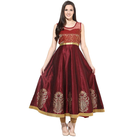 Anarkali Kurtis Maroon Golden Print Designer Anarkali Kurtis Sleeveless Anarkali Kurta