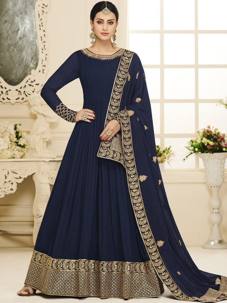 Anarkali Suit with Dupatta - Navy Blue Semi Stitched Embroidered Suit ...