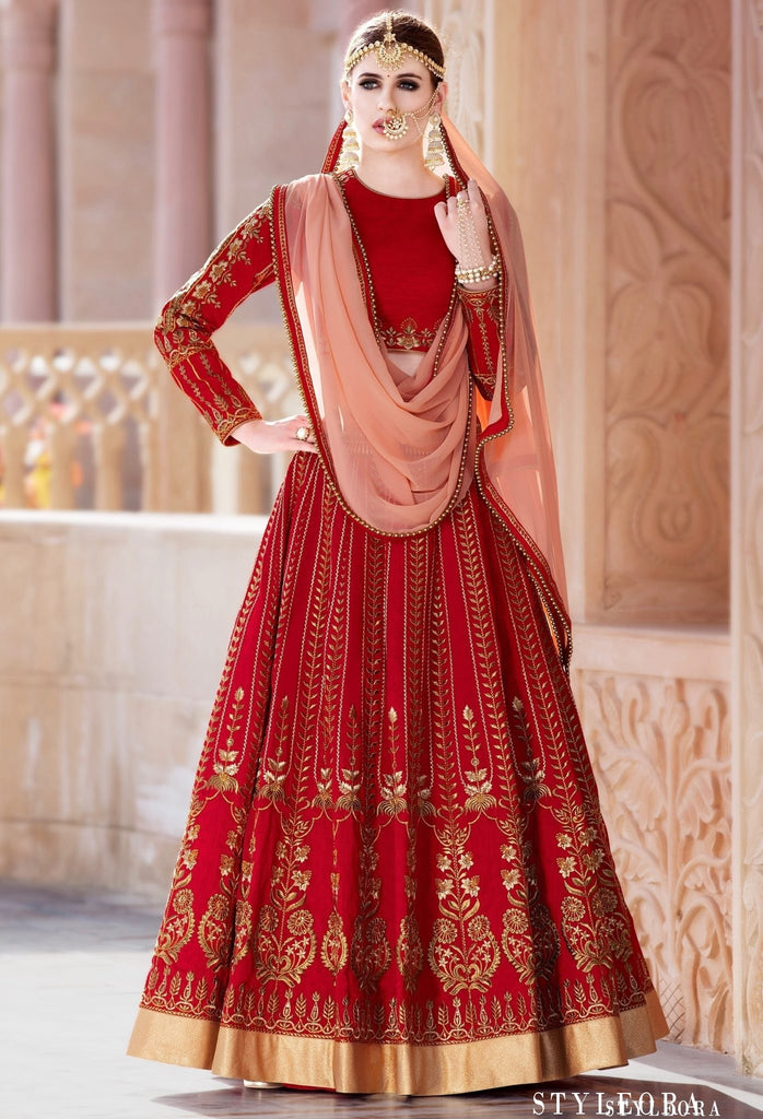 Buy Red And Cream Bridal Designer Lehenga In Art Silk FZBR098 –  ShreeFashionWear