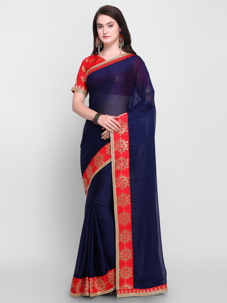 red saree with navy blue blouse