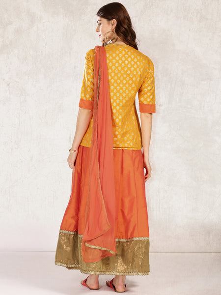 Buy Online Designer Short Kurta With Skirt Yellow & Orange Printed ...