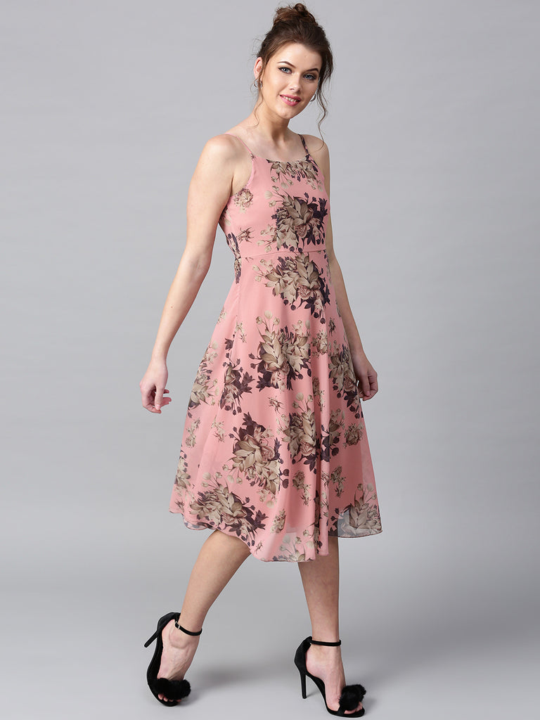 Pink Floral Print Midi Fit & Flare Dress | Dresses | Women Dresses ...