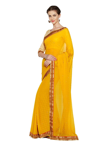 Plain Yellow Chiffon Saree – Lady India