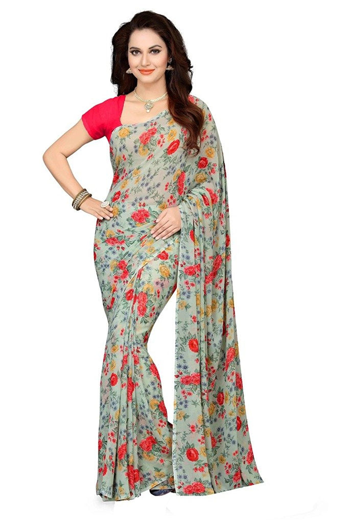 Printed Georgette Sarees Rose Print Georgette Sarees With Plain Blouse