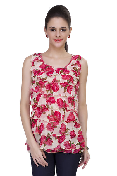 Shop Online Pink Color Georgette Floral Print Sleeveless Round Neck ...