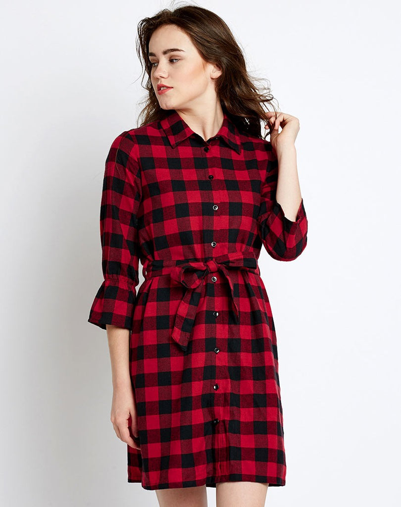 red and black check shirt dress