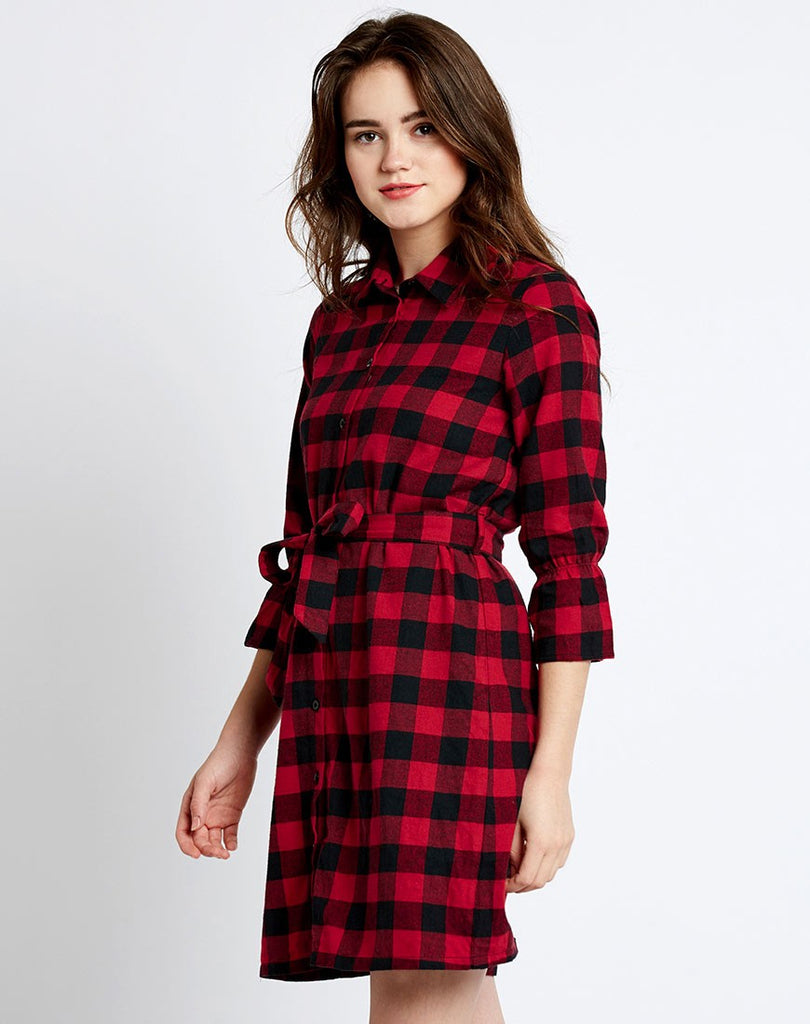 Shop Online Red & Black Check Printed Knotted Shirt Dress Designer ...