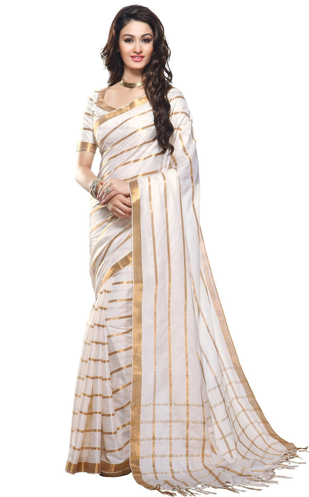 Shop Now Designer White Cotton Silk Sari Stripes Pattern Pure Cotton Lady India 