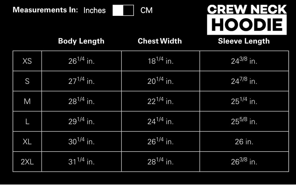 Crew Neck Hoodie Size Chart