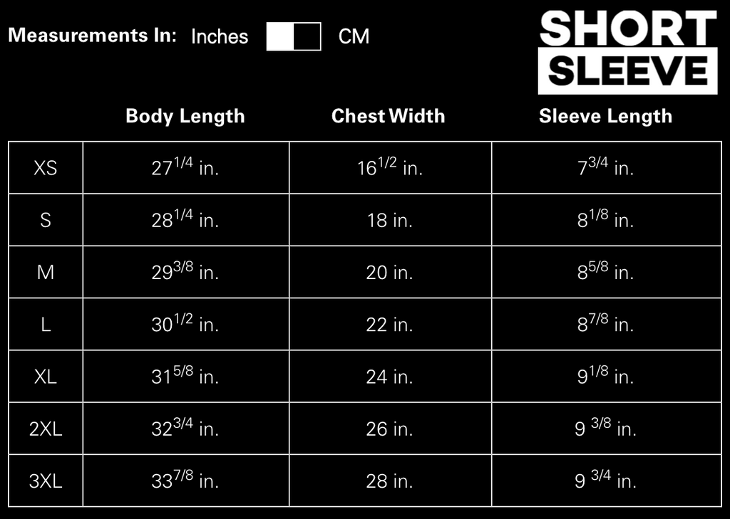 Short Sleeve Size Chart