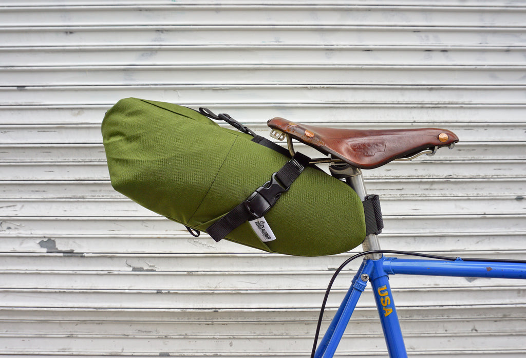 Road Runner Bags XL Fred Saddle Bag for Bike Packing, Bike Touring and Bike Camping in Olive Cordura
