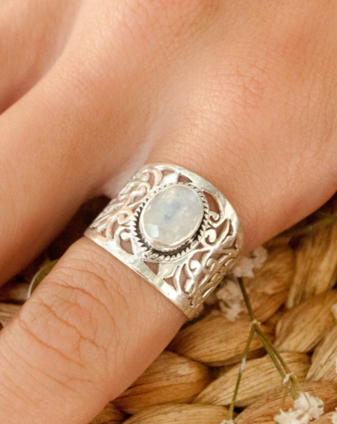 Malibu Half Moon Ring ~ Moonstone ~ Sterling Silver 925 ~MR116