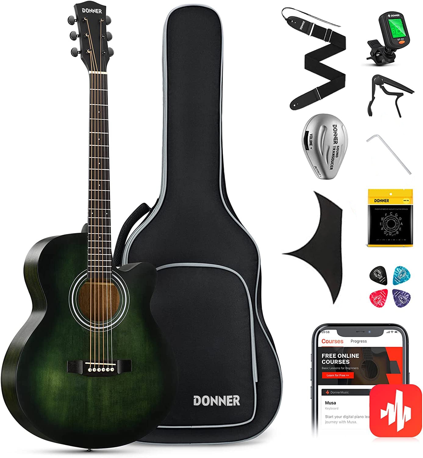 

Donner 40 Inch Beginner Acoustic Guitar Cutaway Acustica Guitarra Bundle Kit with Pickup Free Online Lesson Bag Tuner Capo Strap Mini Jumbo for Adult Travel Teen Right Hand Green DAJ-110CD