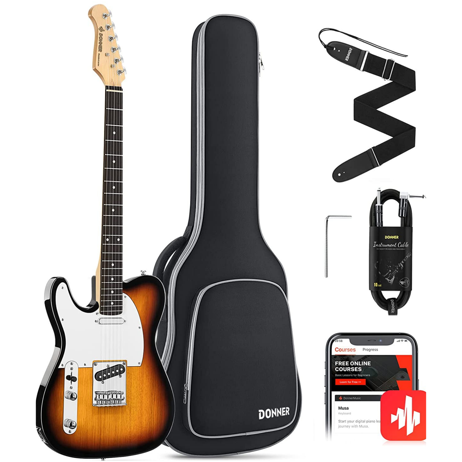 

Donner DTC-100 Full Size Left-Handed Electric Guitar Kit Solid Body TSS Pickup Sunburst Beginner Set w/Bag/Strap/Cable