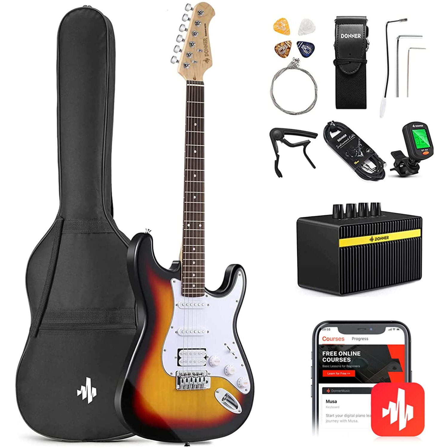 

Donner DST-100 Full Size Electric Guitar Kit with Amplifier 39-Inch Solid Body HSS Pickup Beginner Set