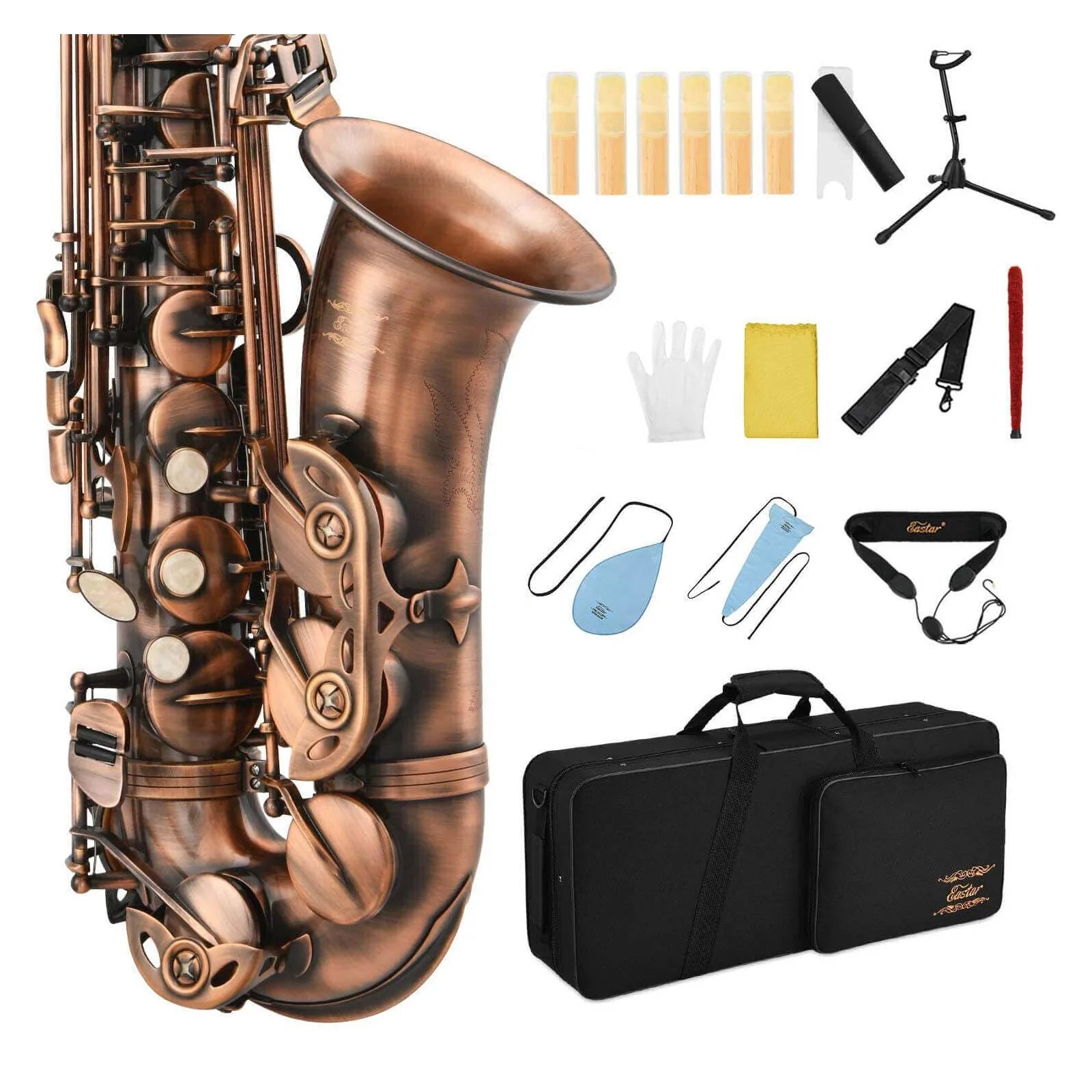 

Eastar AS-Ⅱ-Ab2 Professional Alto Saxophone E Flat Vintage Full Kit with Carrying Case /Mouthpiece Straps Reeds/Stand/Cork Grease Cleaning Brush