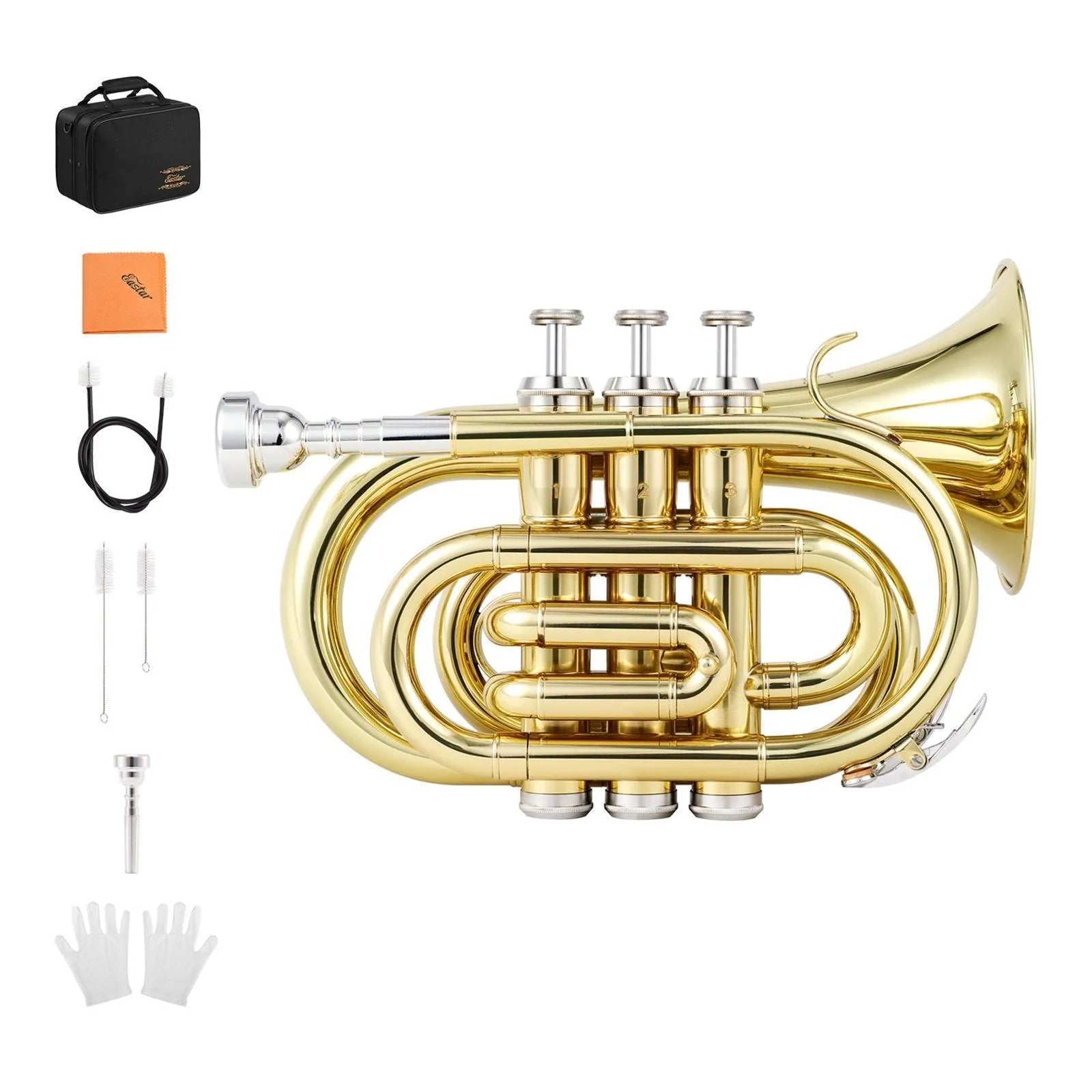

Eastar ETR-330 Bb B-Flat Pocket Trumpet with Valve Oil/Mouthpiece 7C/Cleaning kit/Hard Case/Gloves/Gold Lacquer