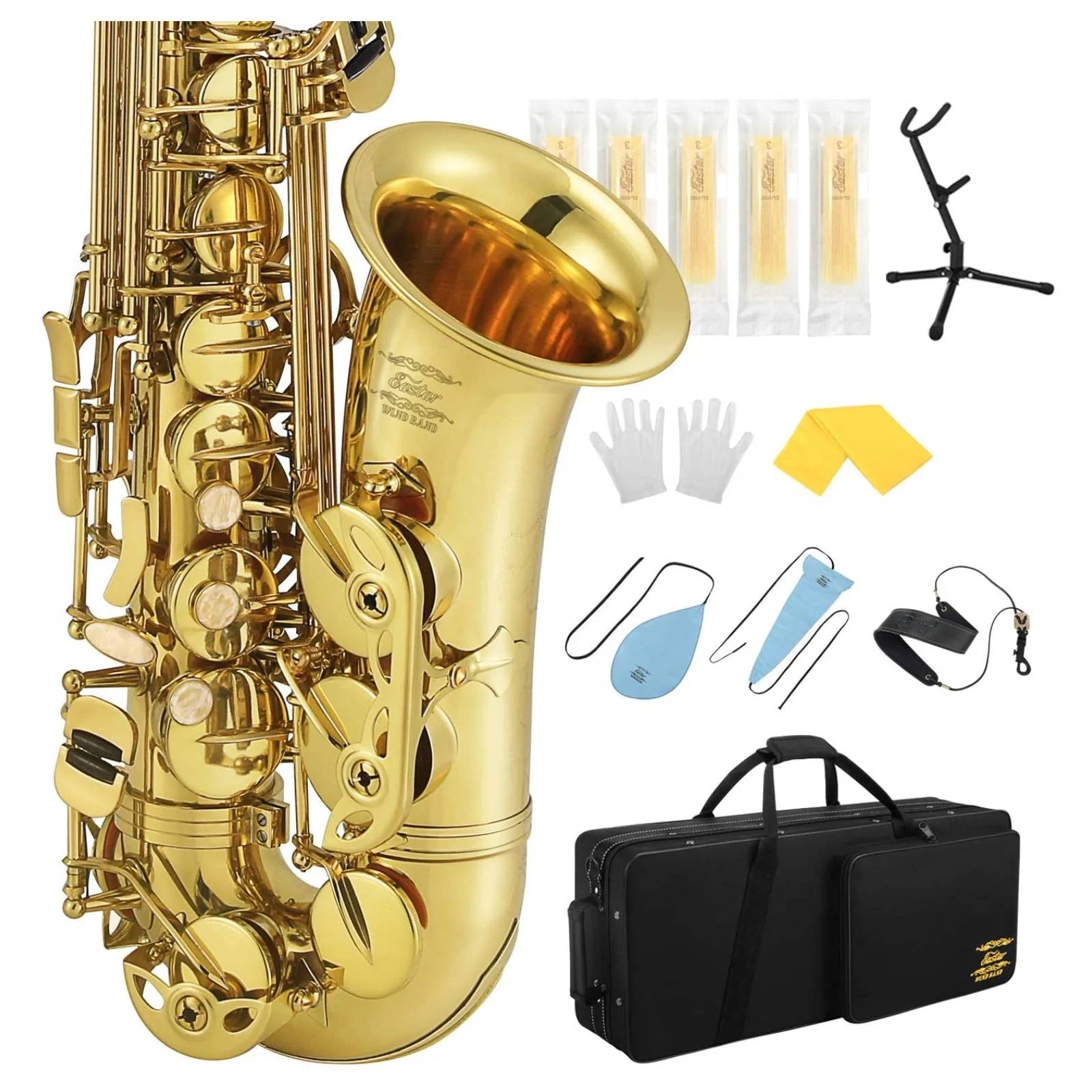 

Eastar AS-Ⅲ Eb E-Flat Professional Alto Saxophone with Cleaning Kit/Carrying Case/Mouthpiece/Neck Strap/Cork Grease/5-Pack Reeds/Stand