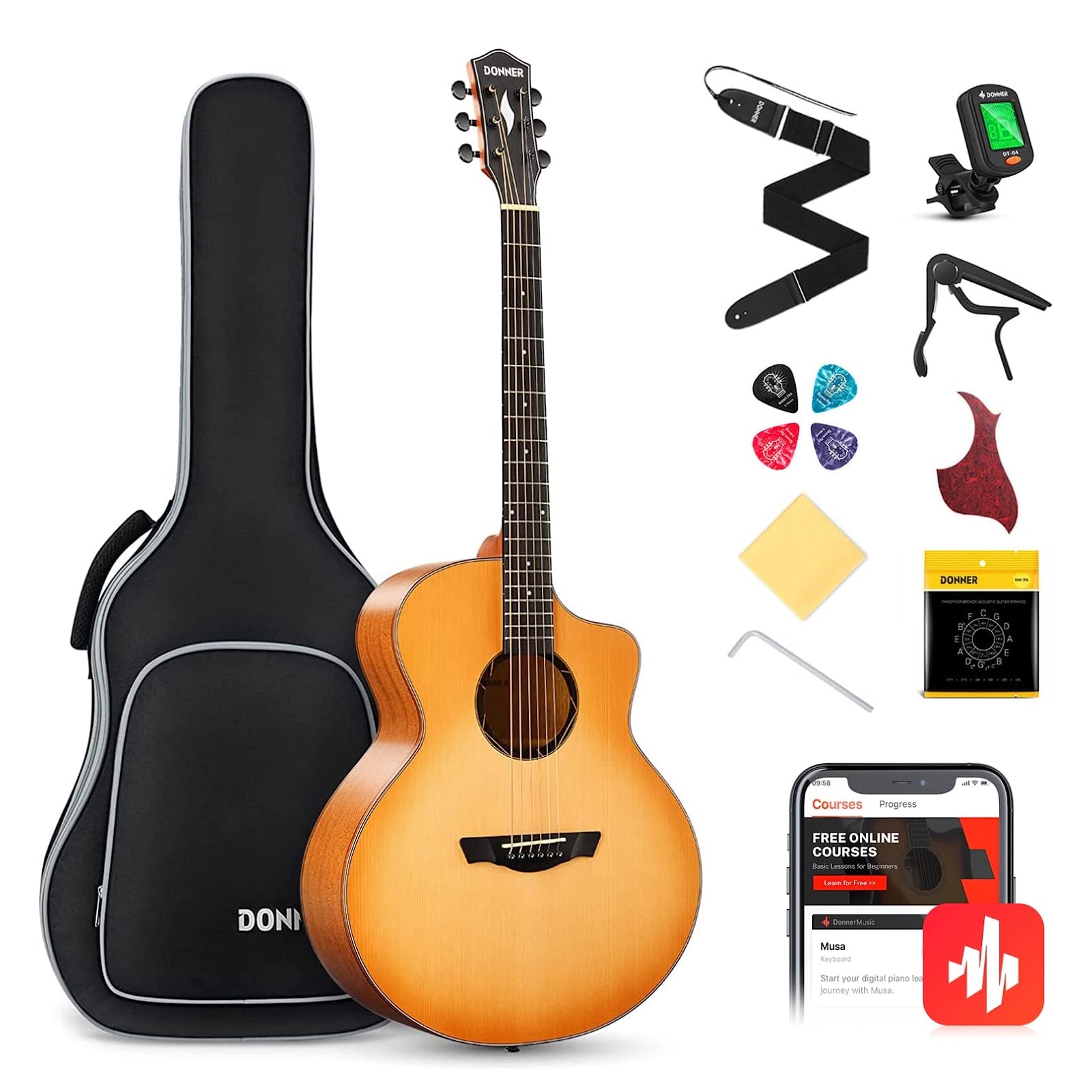 

Donner DAF-410 Full Size Acoustic Guitar Kit for Beginner 41 Inch Solid Spruce Top Cutaway JF Body with Free Online Class