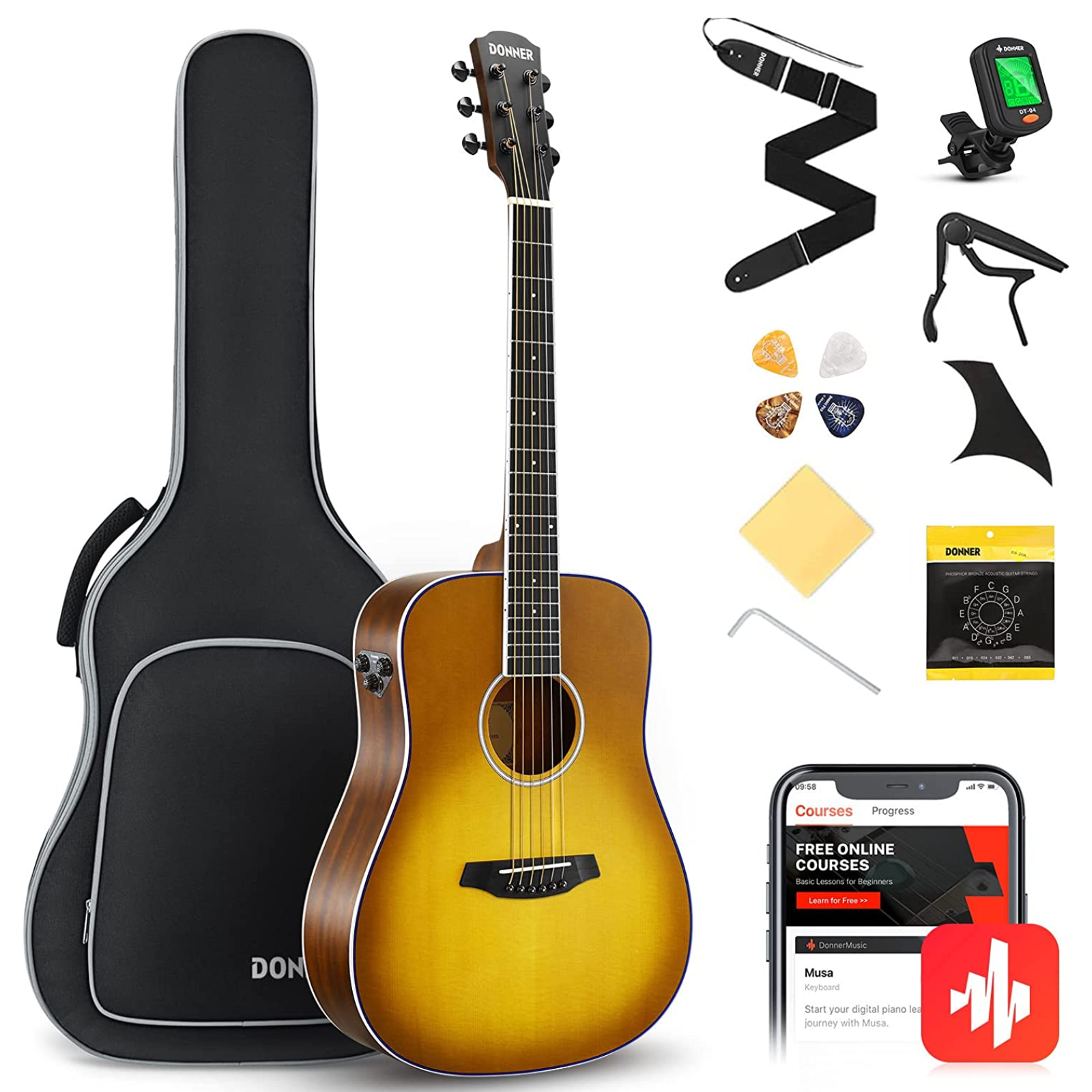 

Donner DAT-115 36" Electric Acoustic Guitar Kit with Effect System Pickup Reverb Delay Effects 3/4 Size Spruce Mahogany Wood