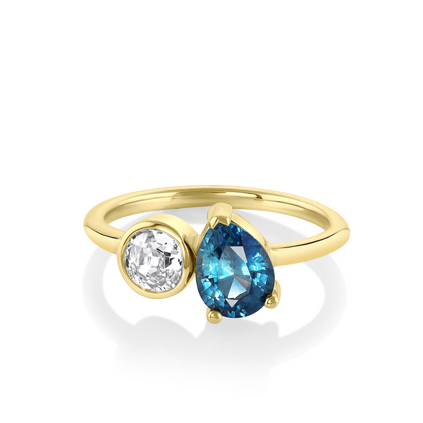 Sapphire Pear & Old Mine Cut Diamond Toi et Moi Ring - Marrow Fine